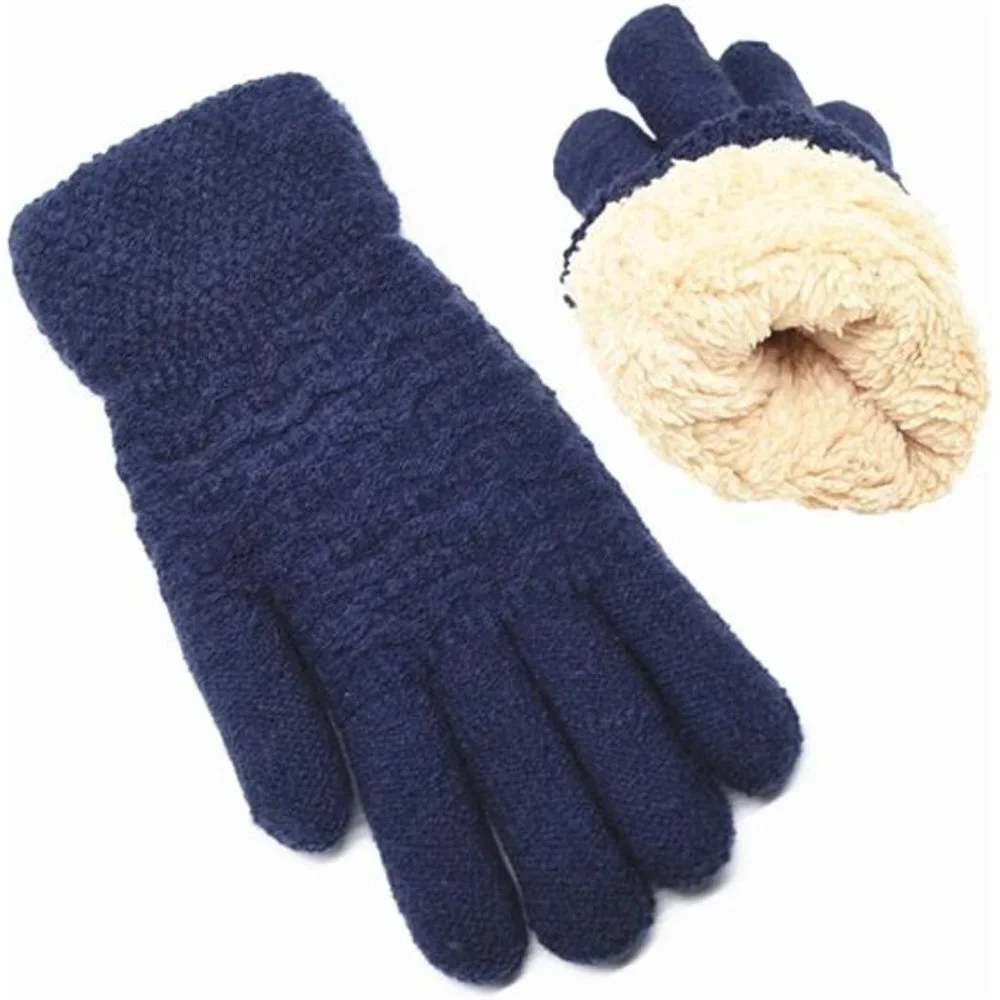Women's Thermal Cable Knit Wool Fleece Lined Glove for Cold Weather, Navy Blue